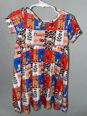 Kids Short Sleeve Novelty Logo Print Dress - Multicolor bamboo twirl dress